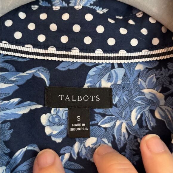 Talbots Navy Floral mixed print casual Button Down Shirt polka dots women SM EUC - Picture 7 of 10